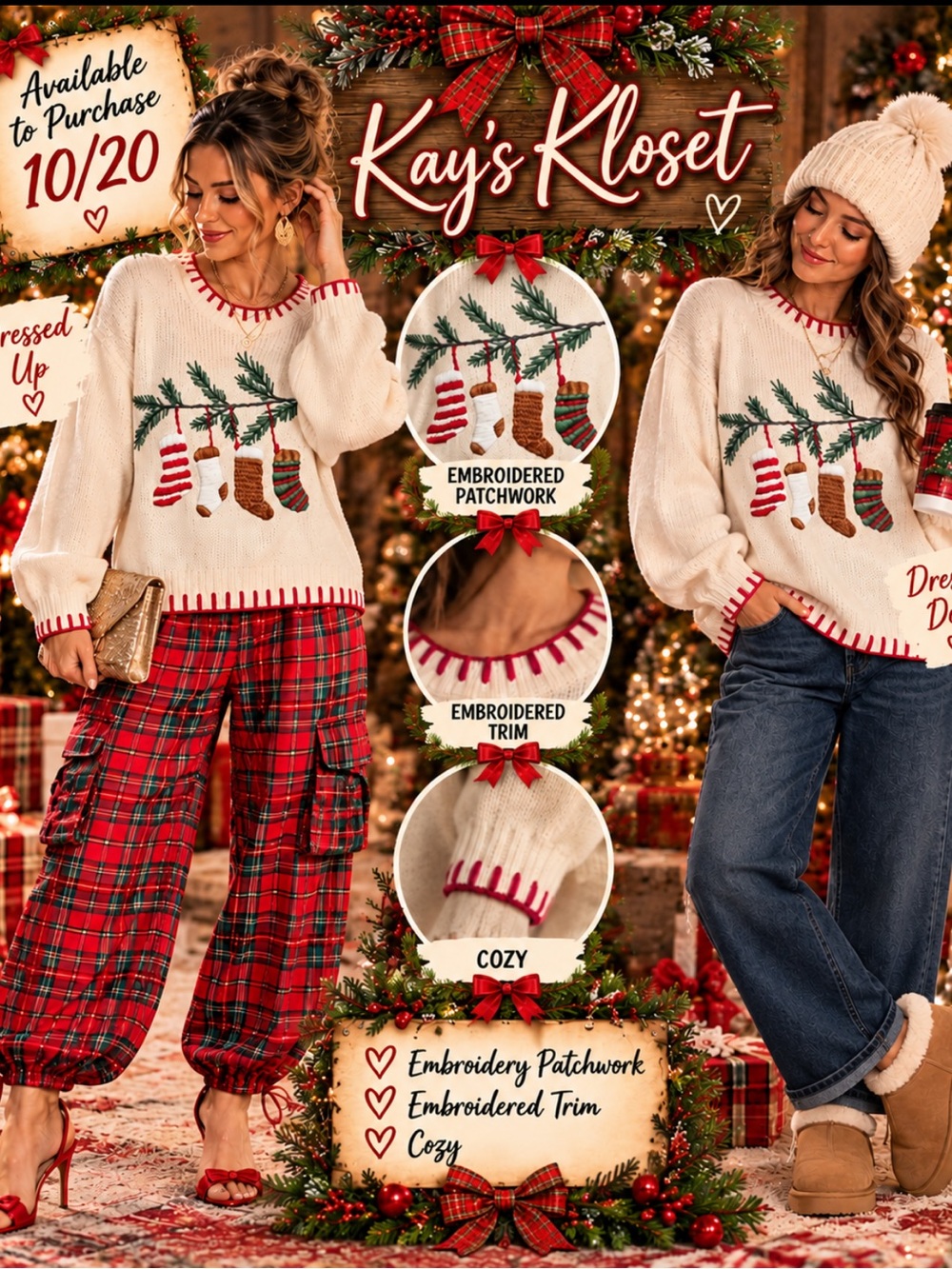 KW3-–🧦❤️💚🎄(ETA 10/20) IVORY CHRISTMAS STOCKINGS EMBROIDERED KNIT SWEATER